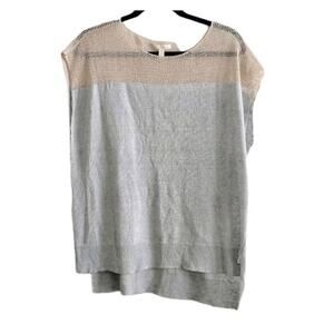 Eileen Fisher Medium Tan Gray Color Block Hi Low Linen Open Knit Blouse Top NEW